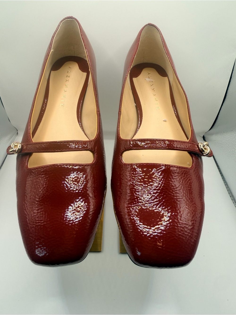 Alex Marie Wine Red Patent Mary Jane Flats with Gold Buckle